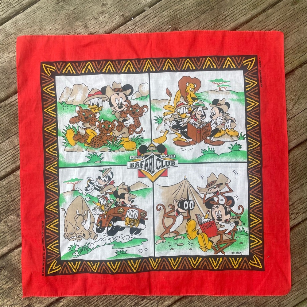 Vintage Disney Safari Club Red Bandana with Characters MICKEY MOUSE GOOFY